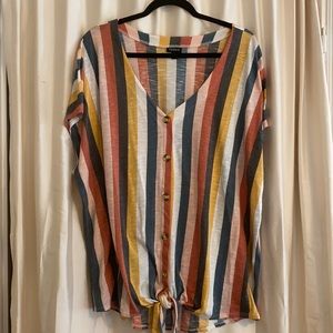 Striped button down top with tie in front